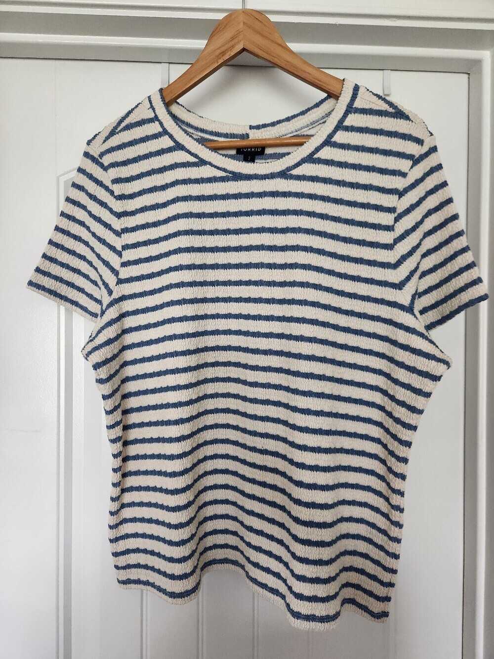Torrid Cream and Blue Striped Short Sleeve Knit Top